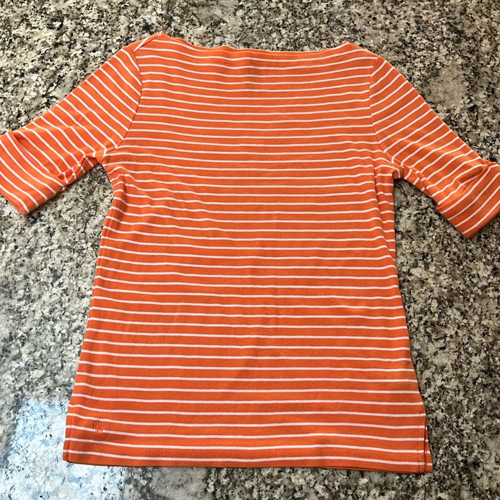 Lauren, Ralph Lauren, Boat Neck, Orange/White stripe, Jersey Shirt, Size XS
